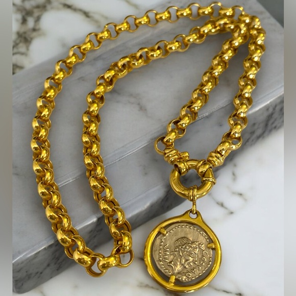 ***SOLD***Vintage 14k Yellow Gold 6mm Rolo Link Roman Coin Pendant Necklace! - Picture 5 of 16